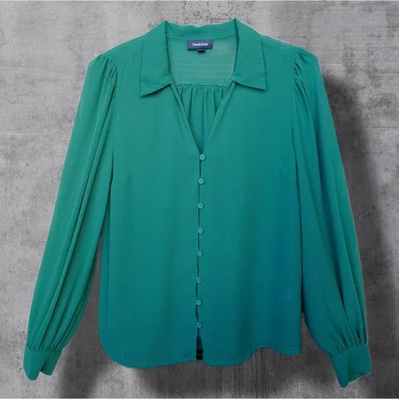 Modcloth Jade Green Sheer Chiffon Buttoned Blouse sz M - Picture 1 of 5
